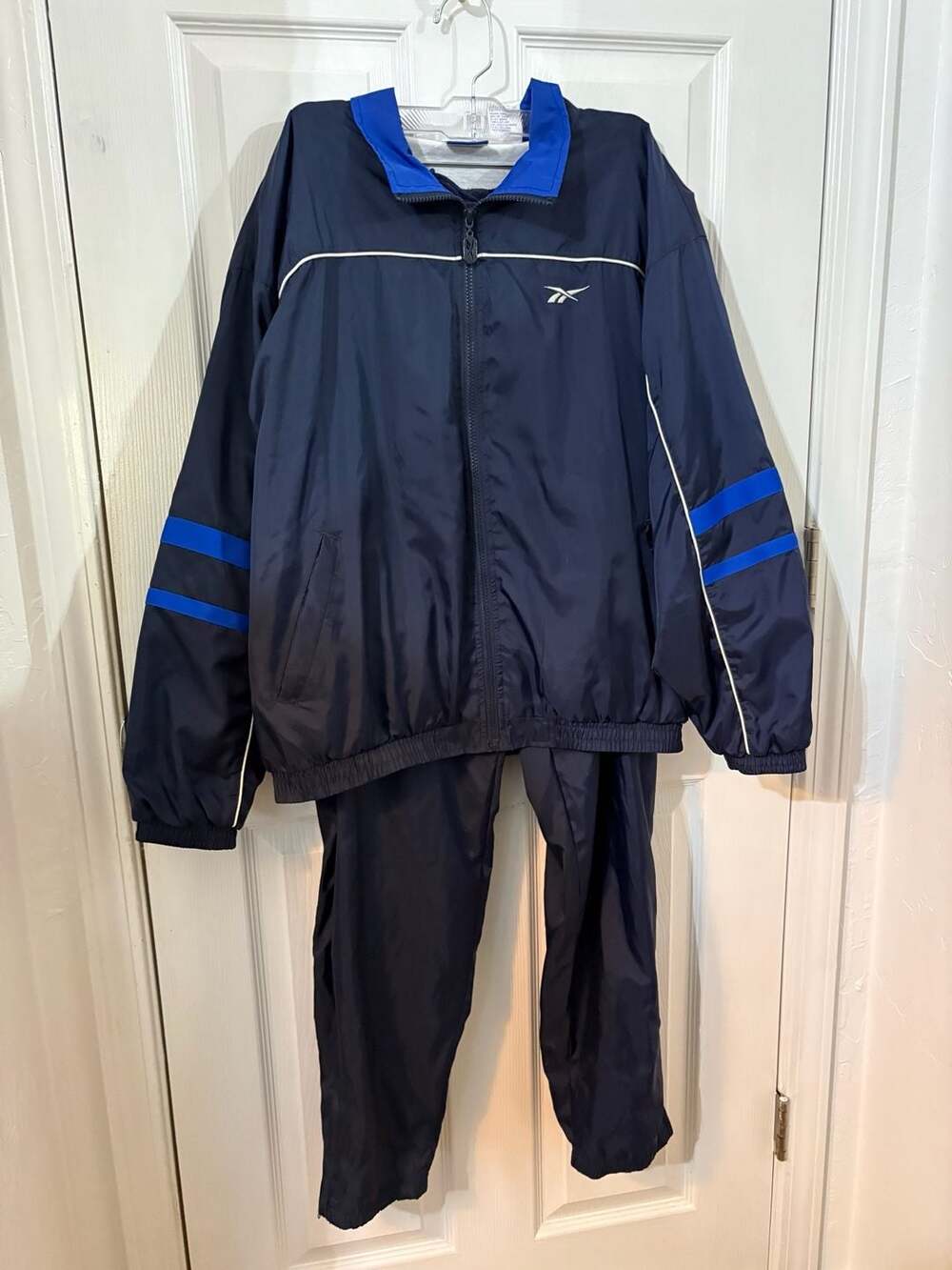 Vintage Reebok Navy Blue Track Suit Full Zip Windbreaker Jacket and Pants Size L